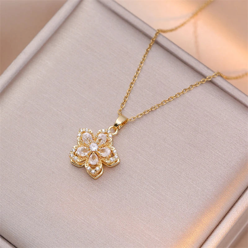 Light Luxury Rotating Flower Pendant Necklace for Women Fashion Zircon Flower Choker Stainless Steel Clavicle Chain Jewelry Gift