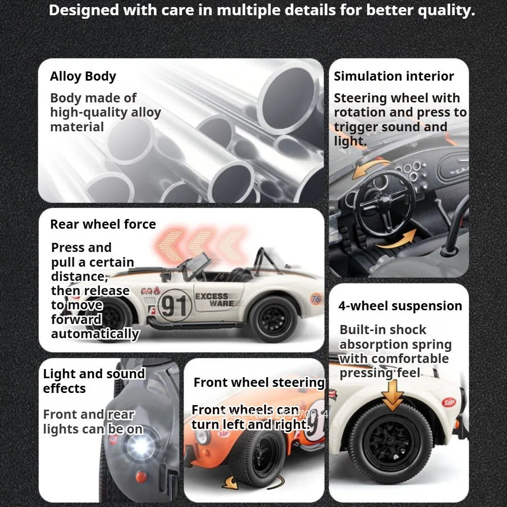 1:22 Shelby Cobra Alloy Diecast Sports Car Model Toys Four Wheel Suspension Sound Light Pull Back Miniature Vehice Birthday Gift