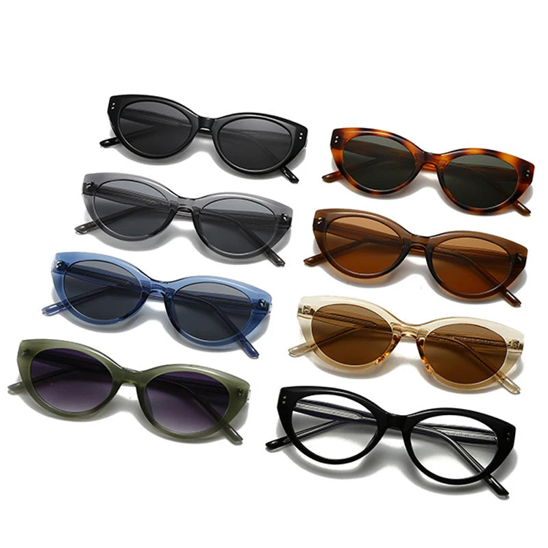 JNPCXI Fashion Cat Eye Jelly Color Women Sunglasses Shades UV400 Fashion Green Gradient Men Punk Rivets Sun Glasses