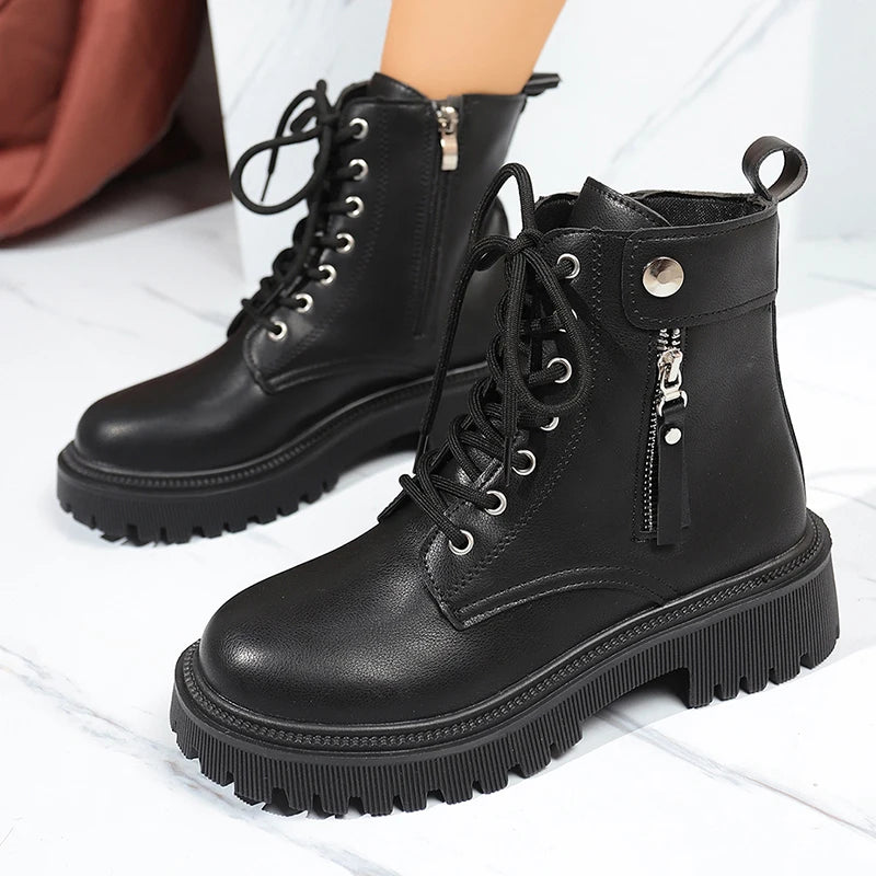 Punk Zipper Decor Platform Ankle Boots for Women Autumn Winter Black Thick Sole Short Booties Mujer Lace Up Pu Leather Boots