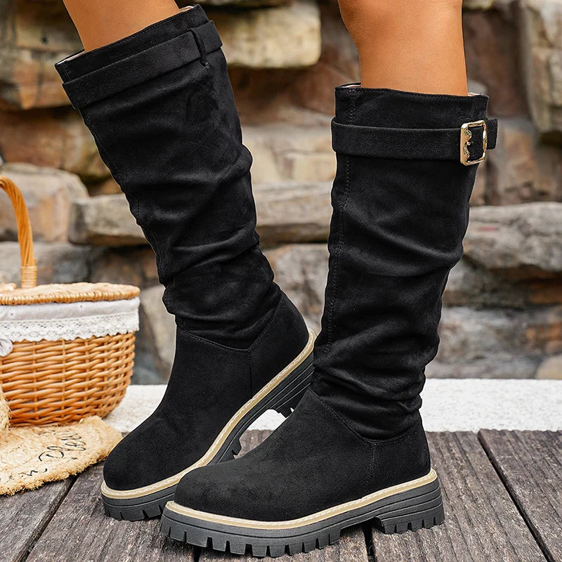 Buckle Decor Black Flock Knee High Boots Women Plus Size 43 Slip On Platform Long Boots Woman Autumn Winter Thick Sole Botas