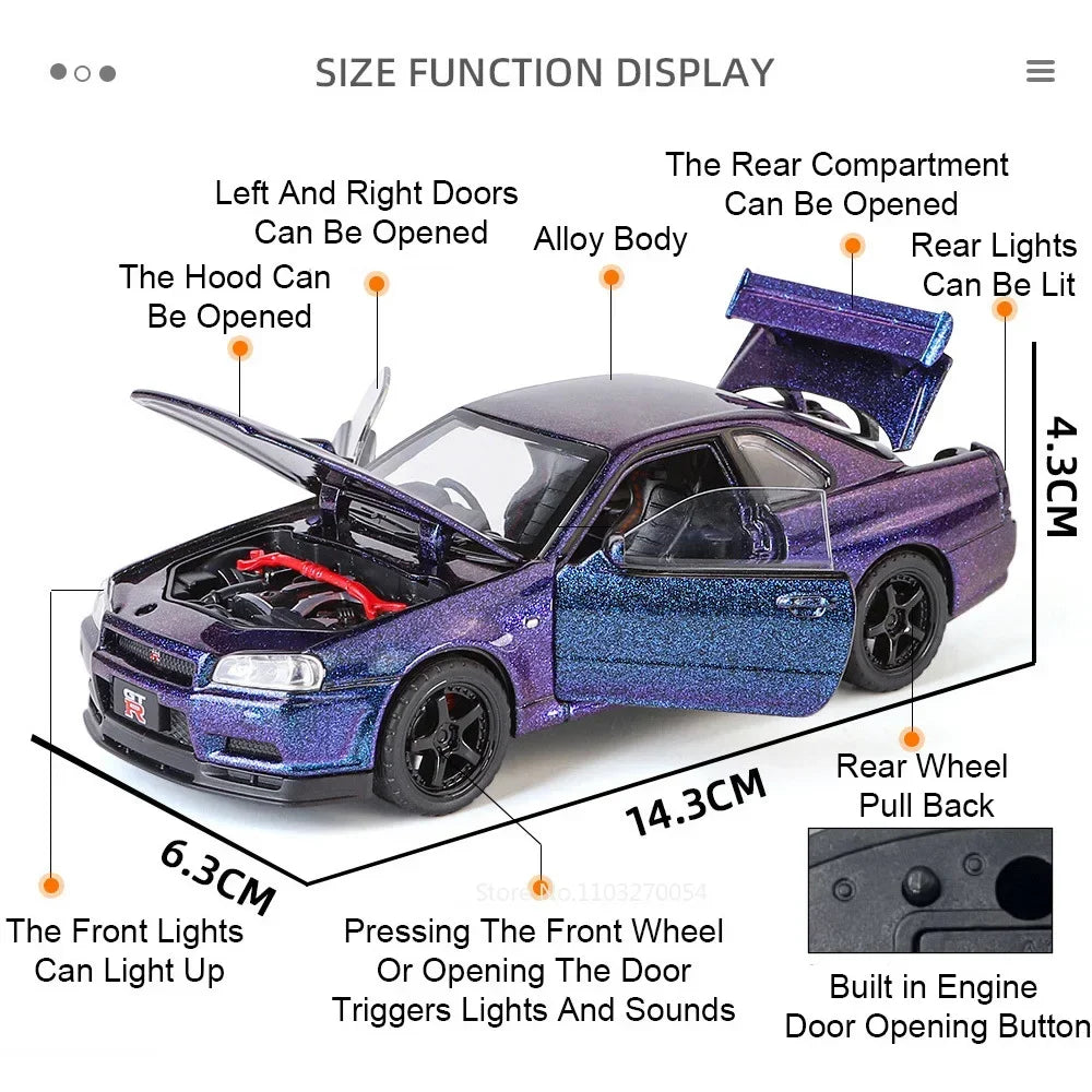 1: 32 GTR Skyline Alloy Diecast Models Toys Cars 4 Doors Opened with Sound Light Pull Back Miniature Sportscar Fashion Ornaments