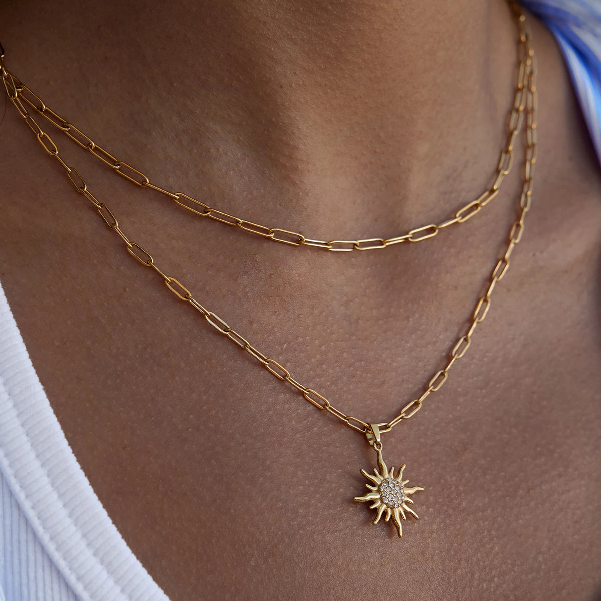 Uworld Unique Designer 18K Gold Color Plated Stainless Steel White Rhinestone Sun Pendant Necklace Stackable Multi Layer Necklac