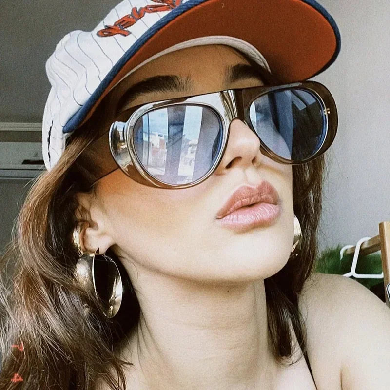JNPCXI Ins Popular Fashion Pilot Women Sunglasses Retro Tea Blue Shades UV400 Men Trending Wide Legs Sun Glasses