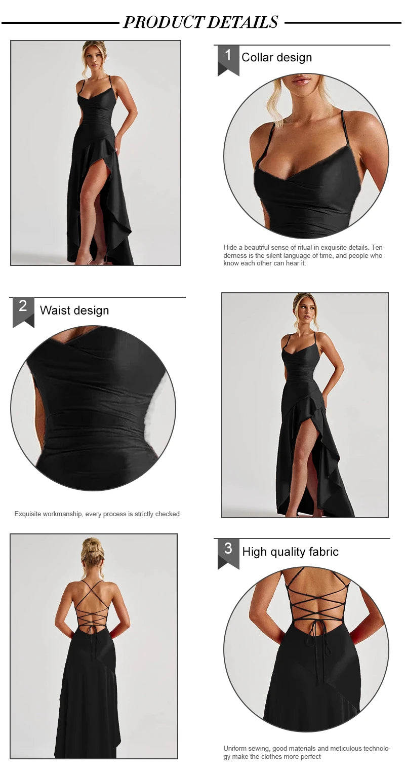 Women Elegant Black Satin Maxi Dress, Crisscross Spaghetti Straps, High Dress