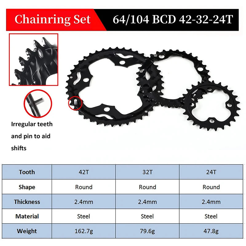 BUCKLOS MTB Bicycle Chainring 24T/32T/42T 26T/38T 10S Bike Chainring 22T/32T/44T 9S 104BCD 64BCD Bike Chainwheel Cycling Parts