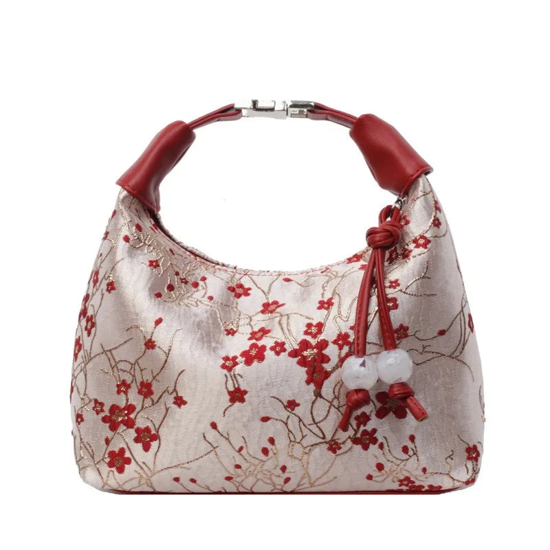 Portable Embroidered Chinese Style Shoulder Bag Fashion Versatile Hanfu Bucket Handbag Texture Pearl Pendant Cheongsam Bag Party