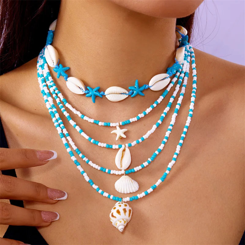 Bohemian Blue Beaded Choker Necklace Set for Women Summer Beach Cowrie Shell Starfish Pendant Multilayer Chains Holiday Jewelry