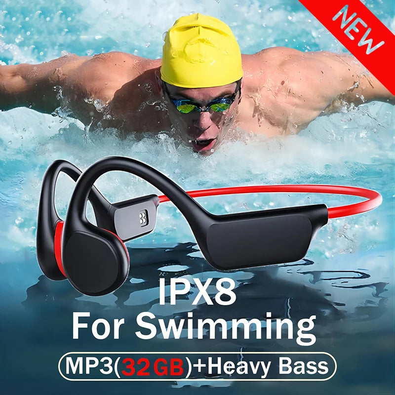 True Bone Conduction Headset IPX8 32GB Bluetooth 5.4 Wireless Swimming Headphone With Microphone Waterproof Exercise Fitness NEW