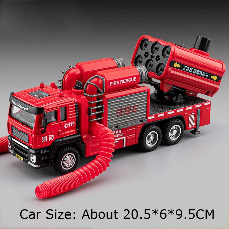 1:50 Spray Fire Truck Alloy Diecast Model Toys Car One Click Water Spray Sound Light Pull Back Removable Pipeline Cars Kids Gift