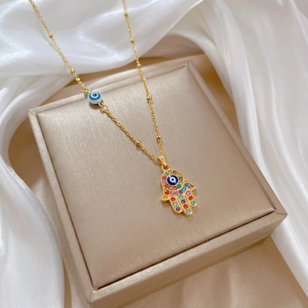 Turkish Hamsa Evil Eye Necklace For Women Stainless Steel Gold Color Fatima Hand Pendant Neckalce Lucky Jewelry Birthday Gift