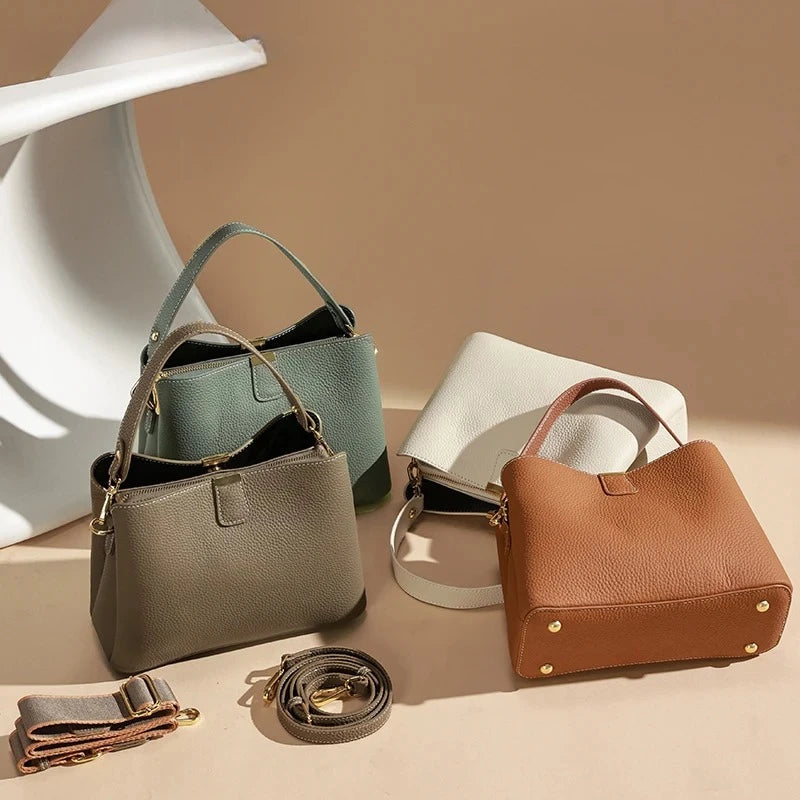 Genuine Cowhide Leather Bucket Bag for Women Luxury Designer Mini Top Handle Crossbody Shoulder Bag with Wide Strap Tote Bag