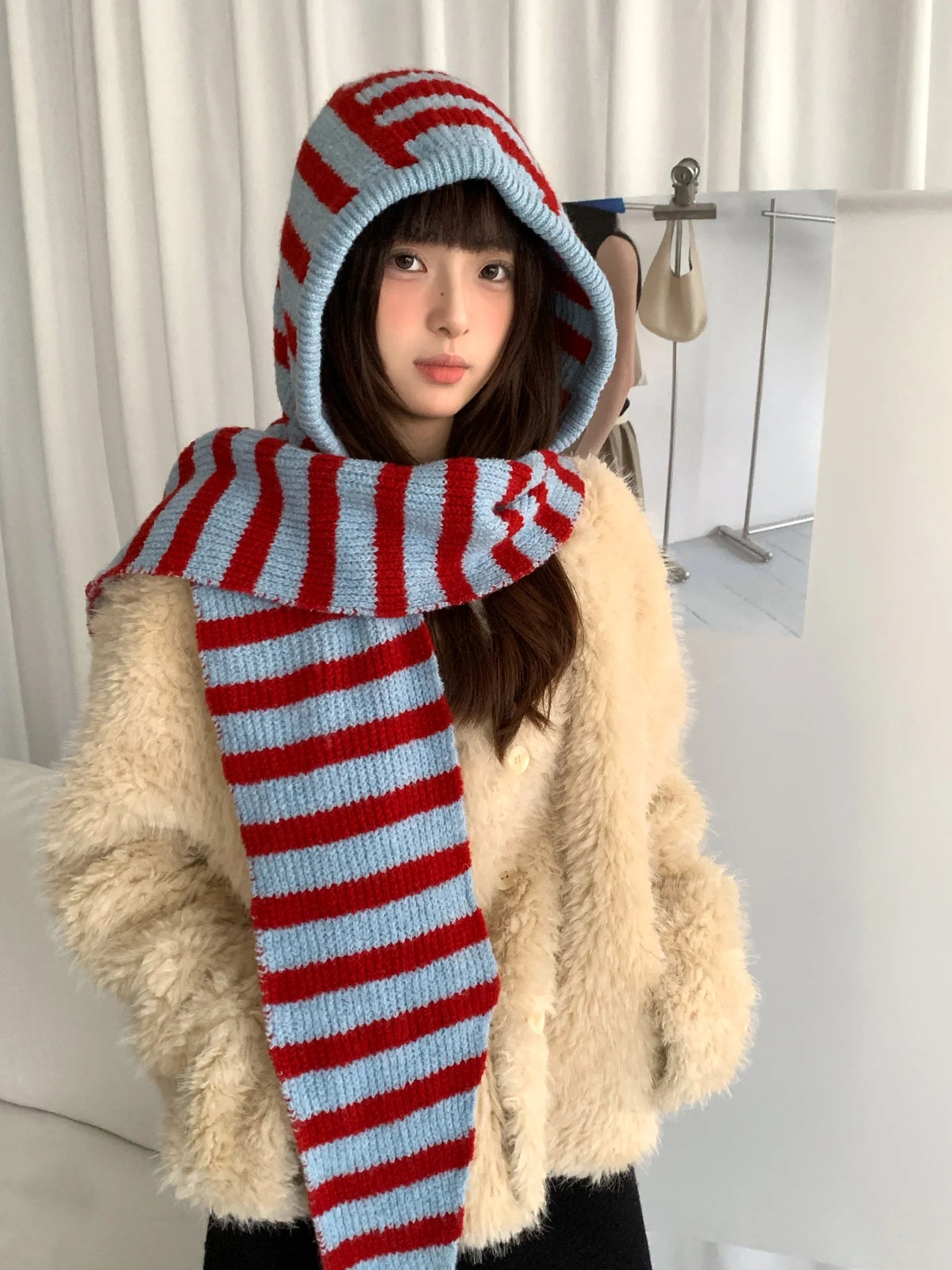 Woolen Korean Style Black And White Striped Knitted Balaclava For Women Winter Warm Ear Protection Hat Scarf One Piece