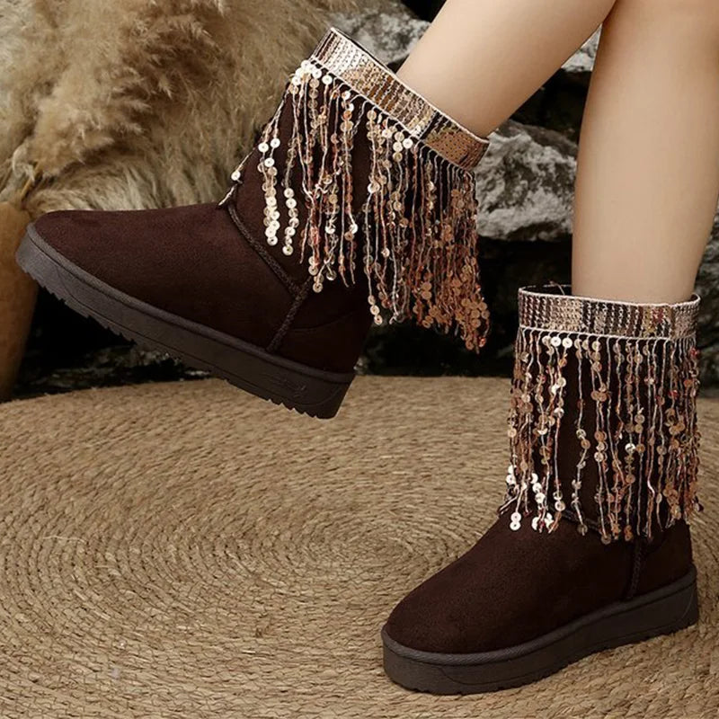Elegant Shiny Detor Snow Boots for Women Short Plush Thicken Warm Snow Boots Woman Winter Faux Suede Platform Cotton Shoes Lady