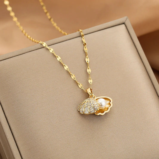 Stainless Steel Shell Pearl Pendant Necklace for Women 2025 Trend Luxury Crystal Zircon Necklaces Fashion Jewelry Birthday Gift