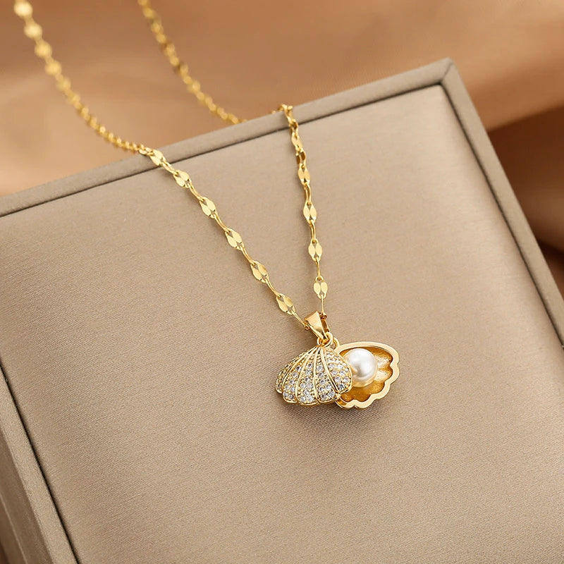 Fashion Shell Starfish Pearl Pendant Necklace for Women Stainless Steel Zircon Heart Clavicle Chain Summer Beach Jewelry Gift