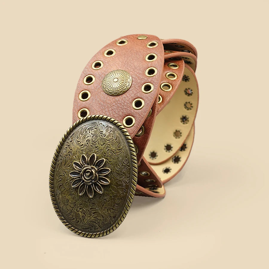 Punk Style Vintage Belt - Round Studded Design with Antique Brass Eyelets, Versatile Waistband for Daily Wear & Urban Styling