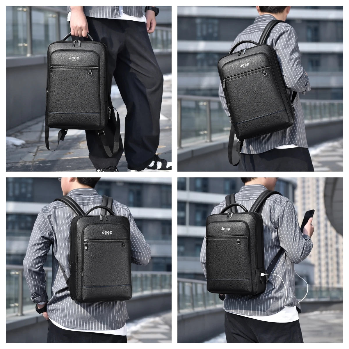 JEEP BULUO Men'Genuine Leather Business Backpacks Black Casual 15.6" Laptop bag