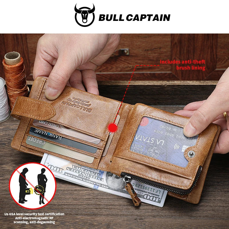 BULLCAPTAIN Leather Wallet With RFID Wallets Card Holder Coin Purse Zipper Men Short wallet's Fashion Men Walletes Coffee 01H