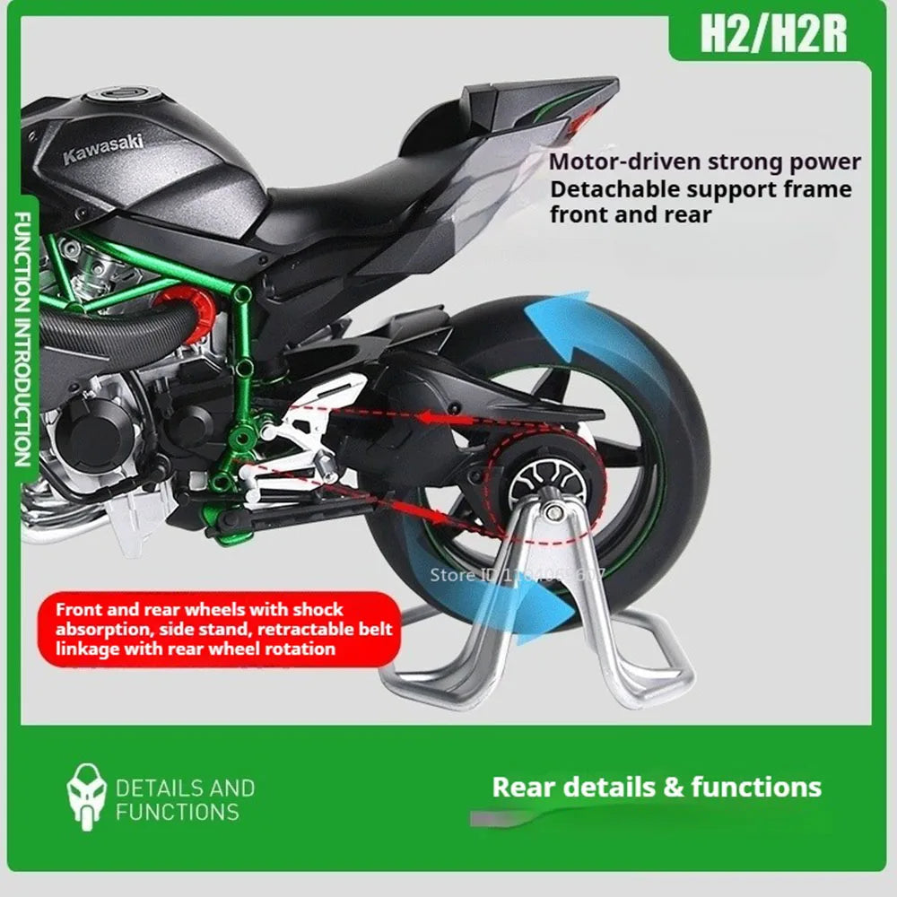 Large 1:9 Kawasaki H2R Alloy Motorcycle Diecast Car Model Toy Front Wheel Steering Shock Absorption Motorbick Adult Gift for Boy