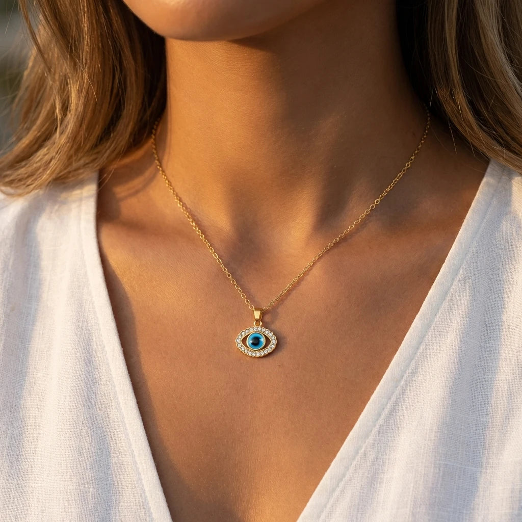 Minimalist Dainty Zircon Evil Eye Necklace for Women Gold Plated Stainless Steel Chain Blue Eye Pendant Daily Wear Jewelry Gift