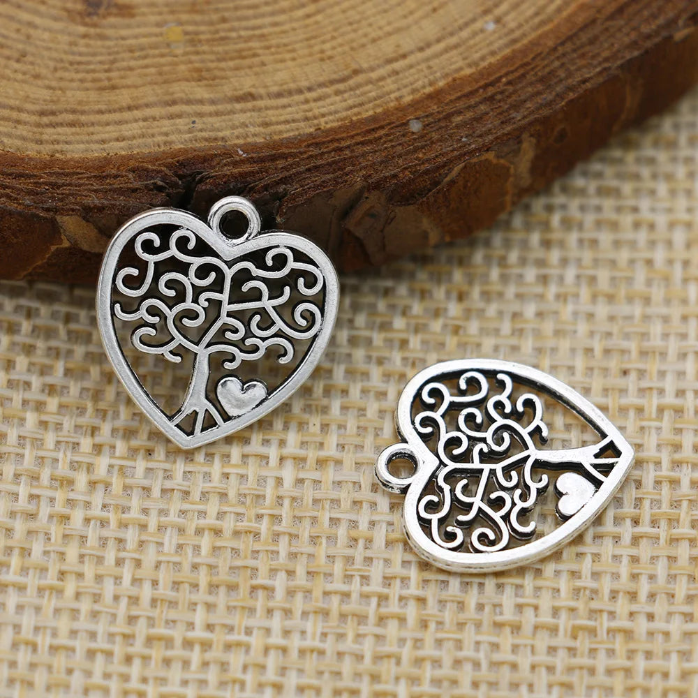 10Pcs Antique Silver Plated Tree of life Heart Charm Pendants Jewelry Accessories Making Bracelet DIY 18X16mm