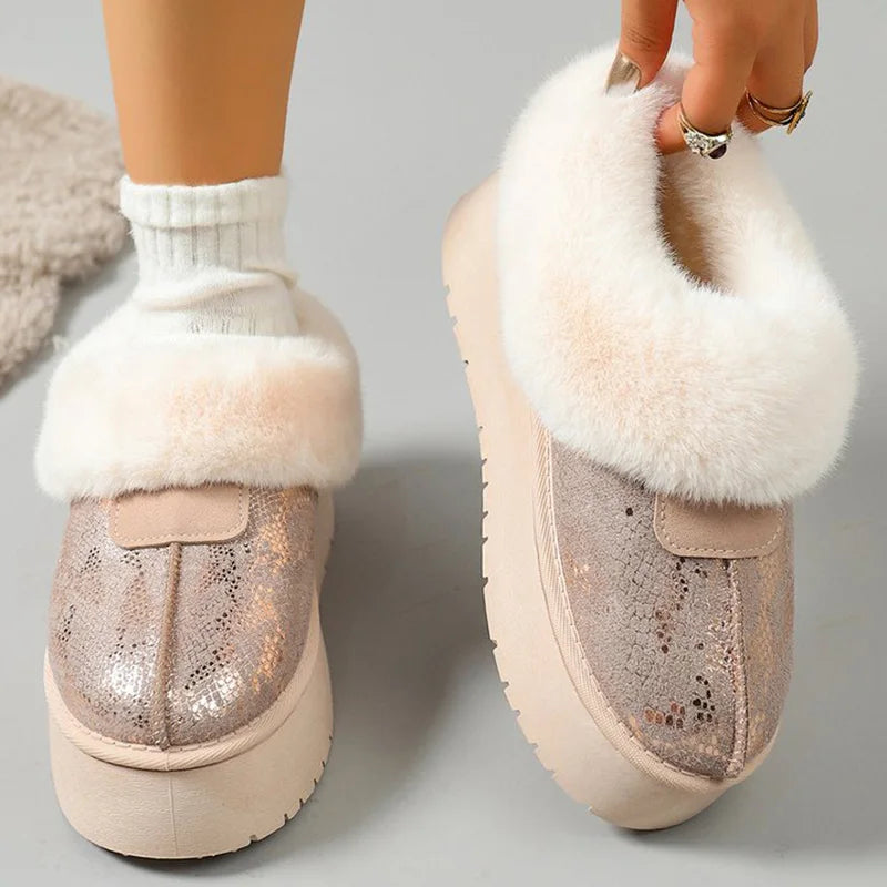 Chic Beige Shiny Snow Boots for Women 2025 Winter Korean Short Plush Warm Boots Woman Round Toe Thick Bottom Booties Female