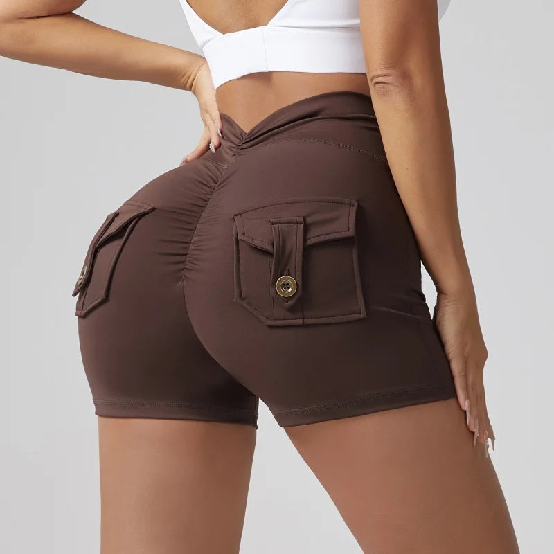 Shorts Wrinkled Tight Hip Tooling Pocket Solid Elastic Waist Yogurt Pant Legging Sets Workout Leggings for Women