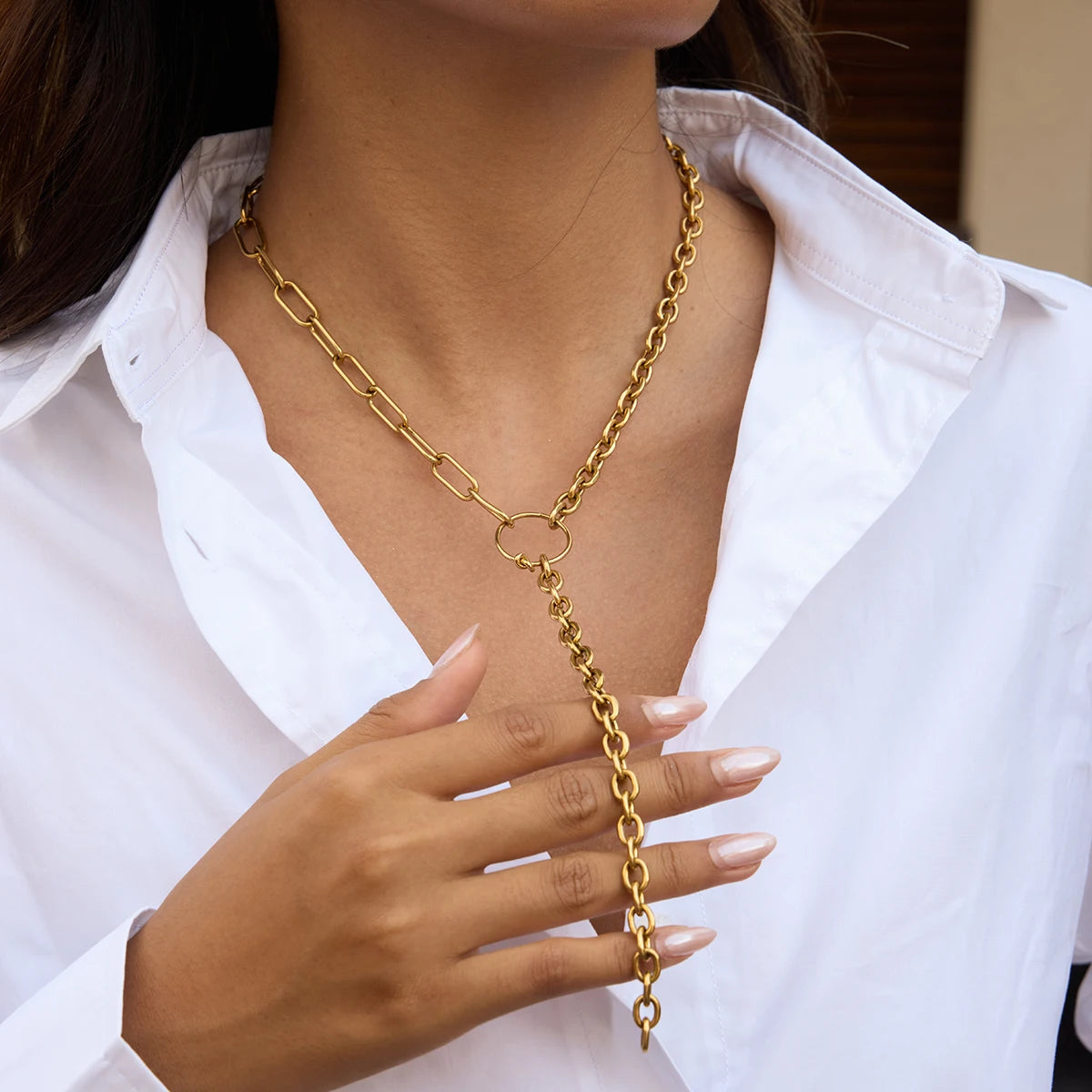 Uworld Minimalist Asymmetric Chain Y-shaped Chain Tassel Necklace 18K Gold Color Plated Stainless Steel Women's Jewelry