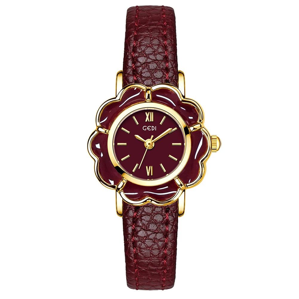 GEDI Fashion Ladies Small Watches Flower Dial Niche Minimalist Exquisite Vintage Leather Strap Quartz Watch Woman