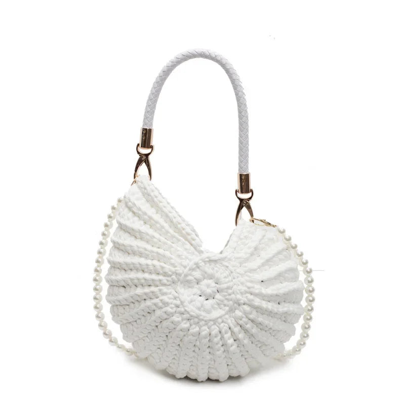 White Conch Shell Knit Crossbody Shoulder Bag Pearl Chain Woven Women Classy Bag