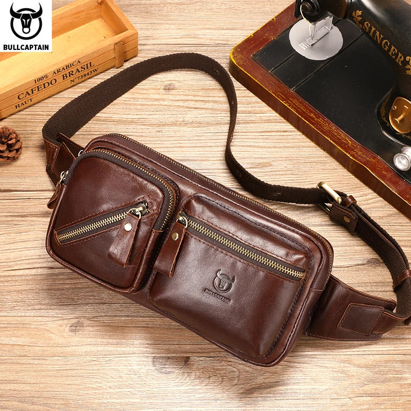 BULLCAPTAIN Men's Genuine Leather Chest Bag Outdoor Sports Shoulder Bag Multifunctional Large Capacity Waist Bag