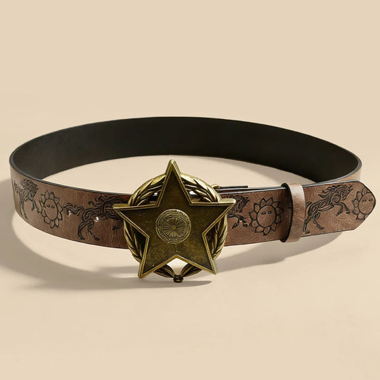 Western Horse & Sun Embossed Belt Brown Star Buckle Unisex Vintage Waistband Retro Distressed Decorative Accessory