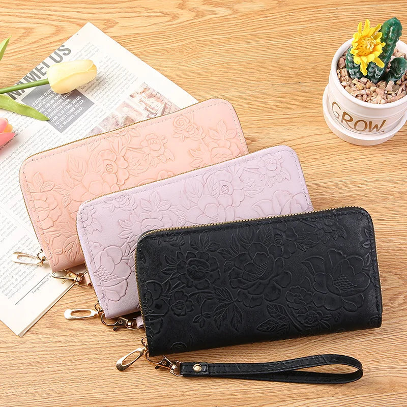 2026 New Floral Embossed Long Wallet PU Leather Credit Card Holder Simple Trendy Phone Bag Coin Purse for Women Hand-held Wallet