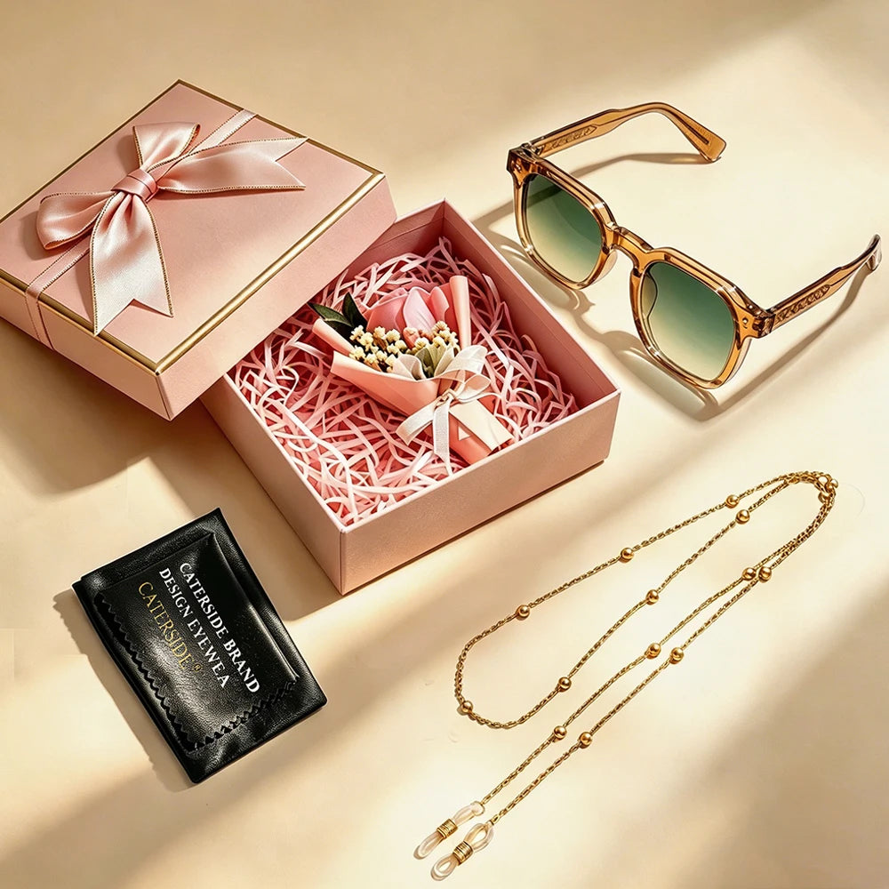 CATERSIDE Valentine's Day Gift Sunglasses Transparent Orange Square Frame Sun Glasses Green Gradient Lens Retro Glasses UV400