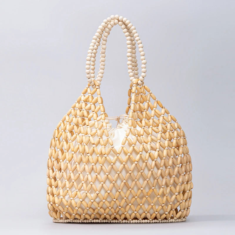 Simple Casual Handwoven Wooden Bead Handheld Women's Shoulder Bags Bucket Bag