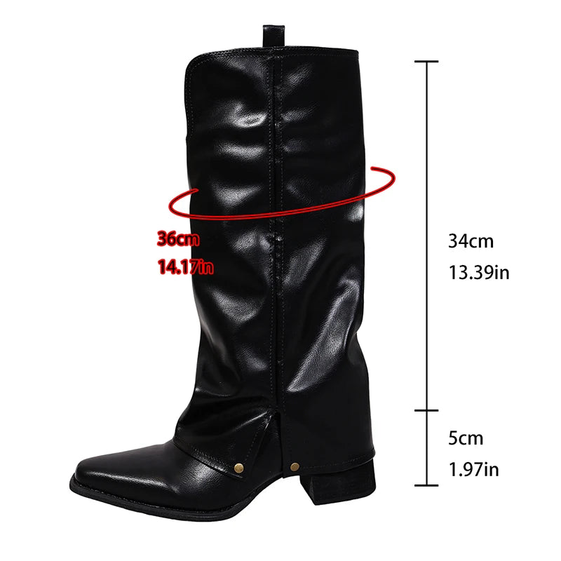 Fashion Pointed Toe Knee High Boots Women Plus Size 43 Streetwear High Heel Pants Boots Woman Black Pu Leather Long Botas Mujer