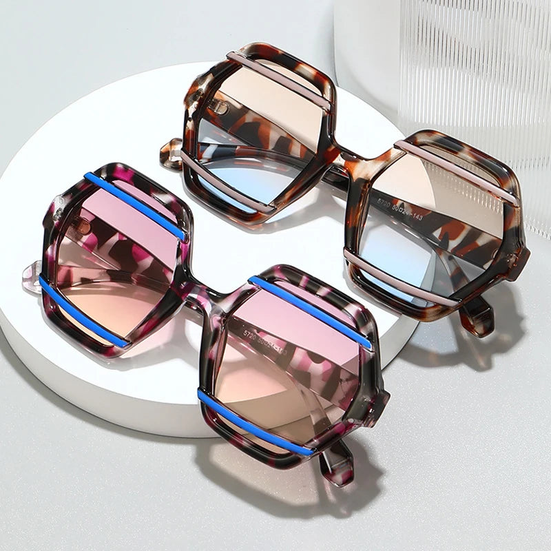 JNPCXI Retro Polygon Jelly Tea Sunglasses Women Fashion Gradient Eyewear Shades UV400 Men Rivets Sun Glasses