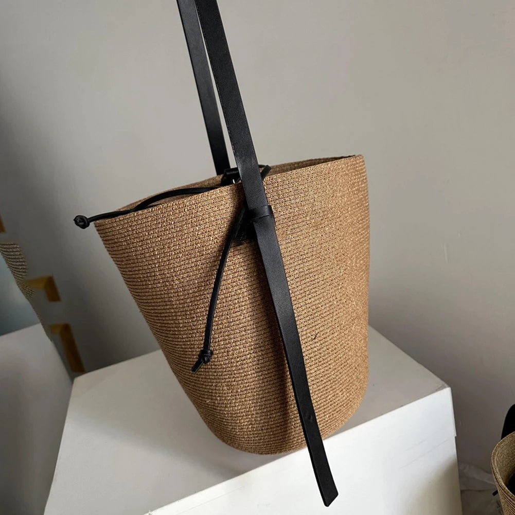 Woven Straw Bag Women with Adjustable Strap Beach Bag Solid Shoulder Handbag