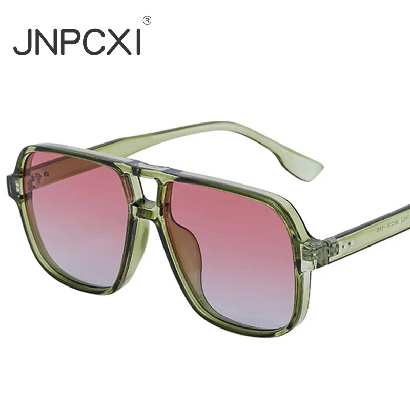 JNPCXI Retro Double Bridges Square Women Gradient Green Pink Sunglasses Shades UV400 Fashion Rivets Decoration Men Sun Glasses
