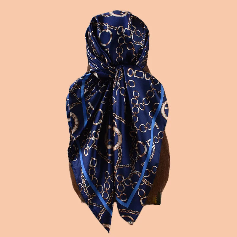 1PCS Ladies Multicolor Chain Pattern Tussah Silk Square Scarf Fashionable Wrap Headscarf for Travel Evening Party