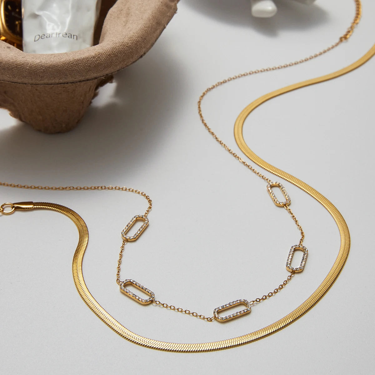 Uworld Simple Classic Rhinestone Geometric Pendant Necklace 18K Gold Color Plated Stainless Steel Serpentine Chain Stackable Nec