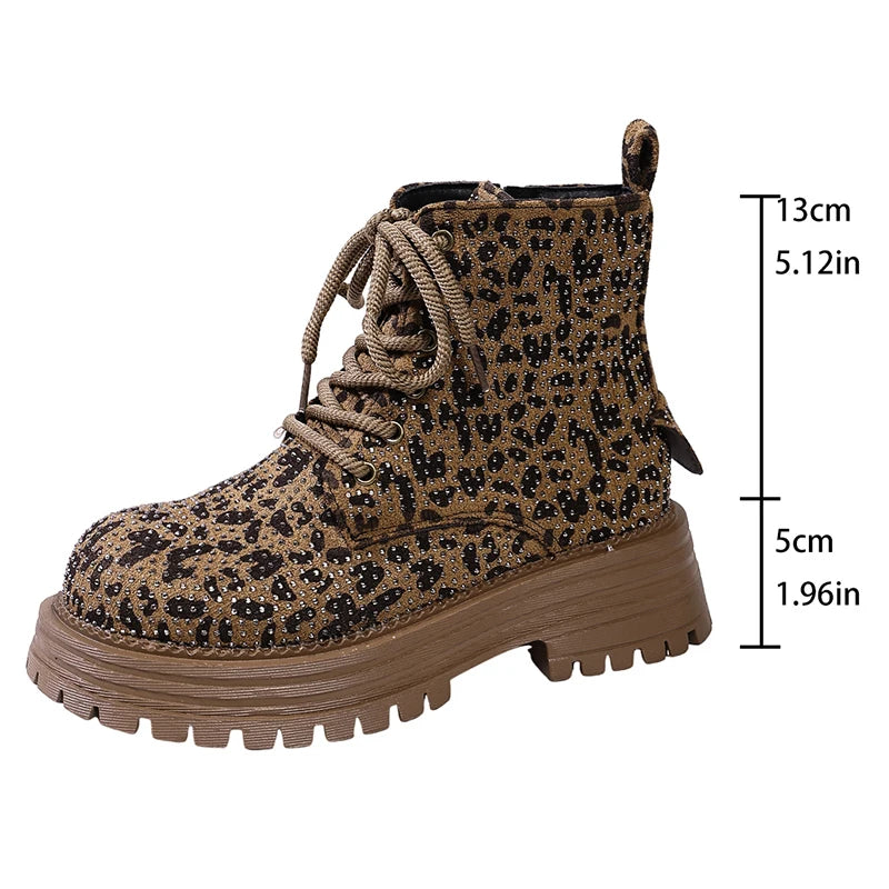 Fashion Leopard Print Platform Ankle Boots Women Lace Up Thick Sole Crystal Short Booties Mujer Round Toe Zipper Modern Boots