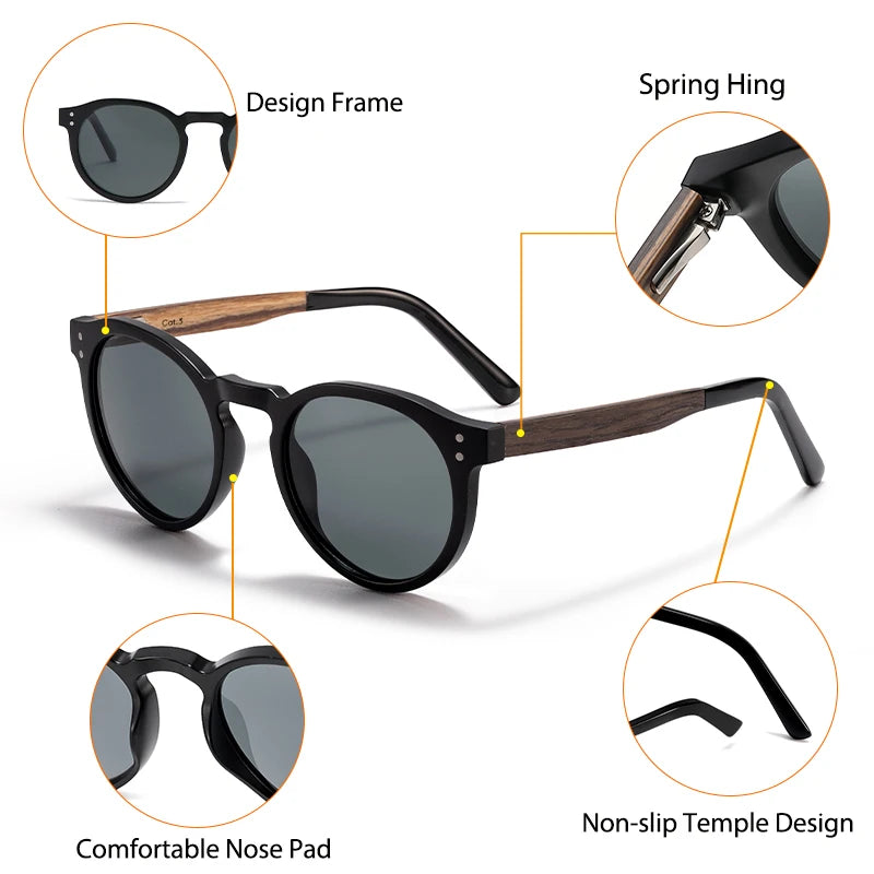 CATERSIDE Men's Round Sunglasses Solid Wood Temple High-Quality Spring Hinge Sun Glasses Women's Party Travel Eyewear UV400