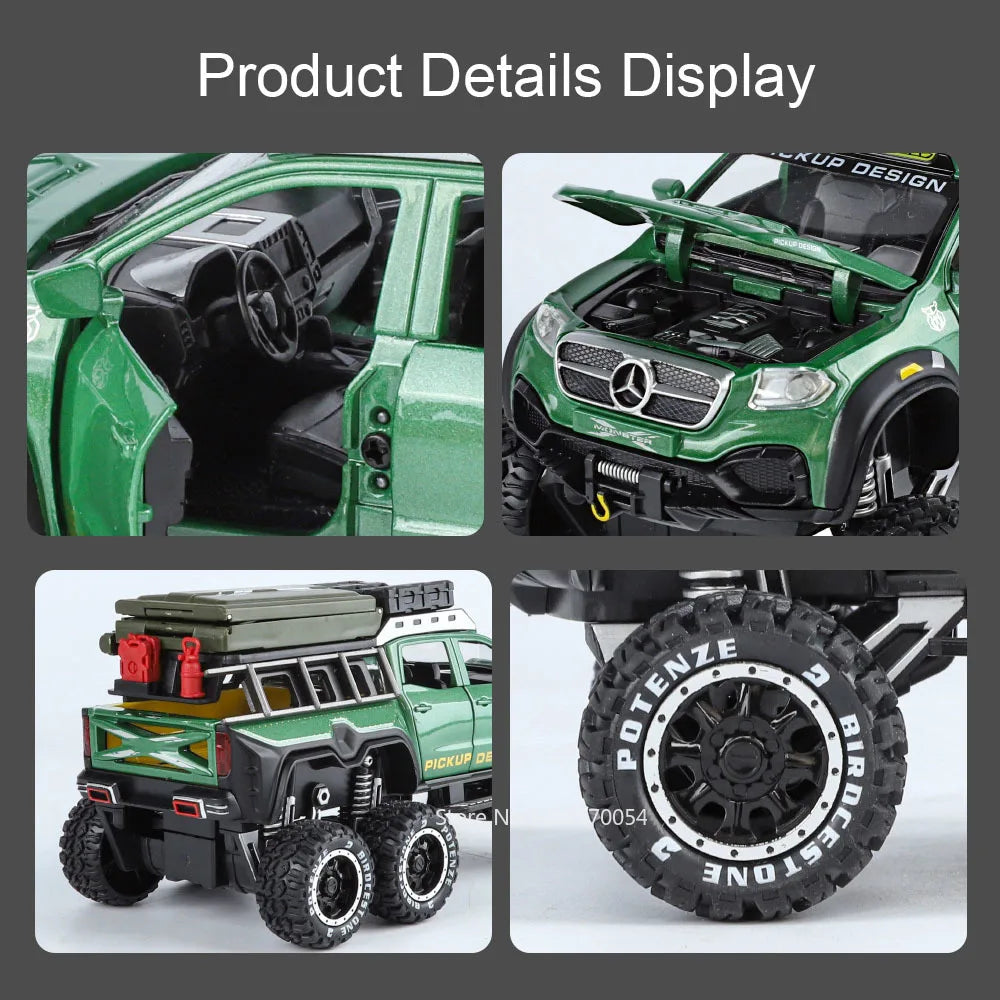 1:28 X-Class 6X6 Alloy Camping Car Model Toys Diecast Pickup Doors Opened with Sound Light Pull Back Vehices Boy's Birthday Gift