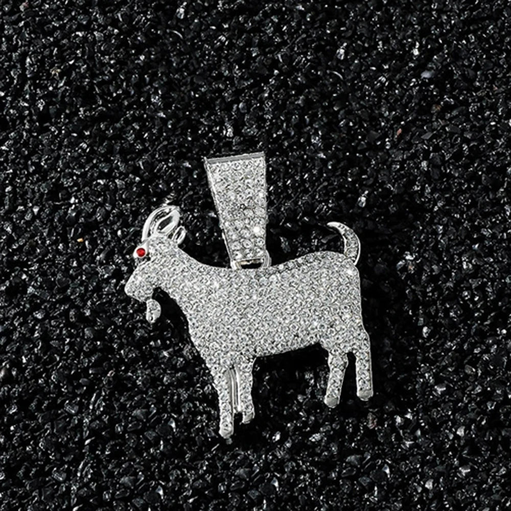 Men Hip Hop Fashion Full Rhinestone Animal Goat Pendant Necklace with 13mm Miami Cuban Chain Necklaces Rapper Rock Jewelry Gift