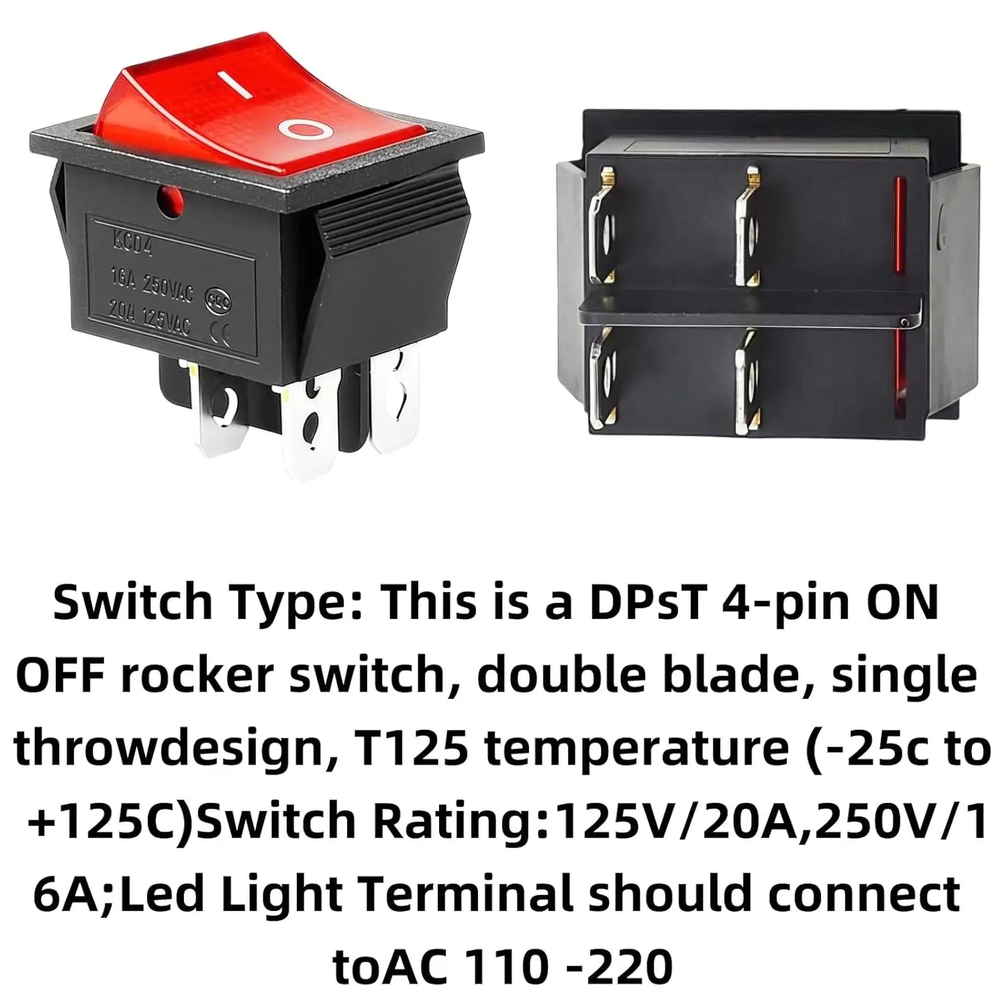 8pcs KCD4 Rocker Switches DPST 4-Pin, 16A 250V AC/125V, 40A 12V DC - Red Lighted ON/Off Toggle Heavy Duty for Boats, Heat Presse