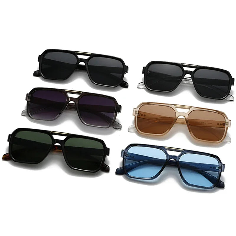 JNPCXI Fashion Double Bridges Square Sunglasses Women Retro Rivets Green Leopard Shades UV400 Men Outdoor Gradient Sun Glasses