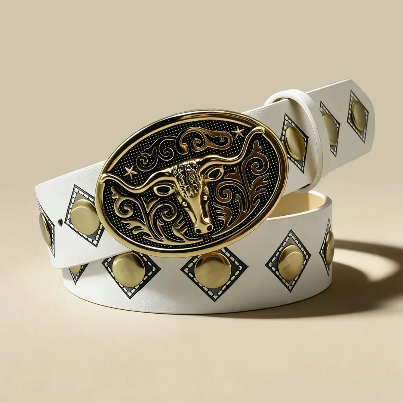 Western Style Bull Head Rivet Belt, White Vintage Engraved Metal Buckle Unisex Waistband
