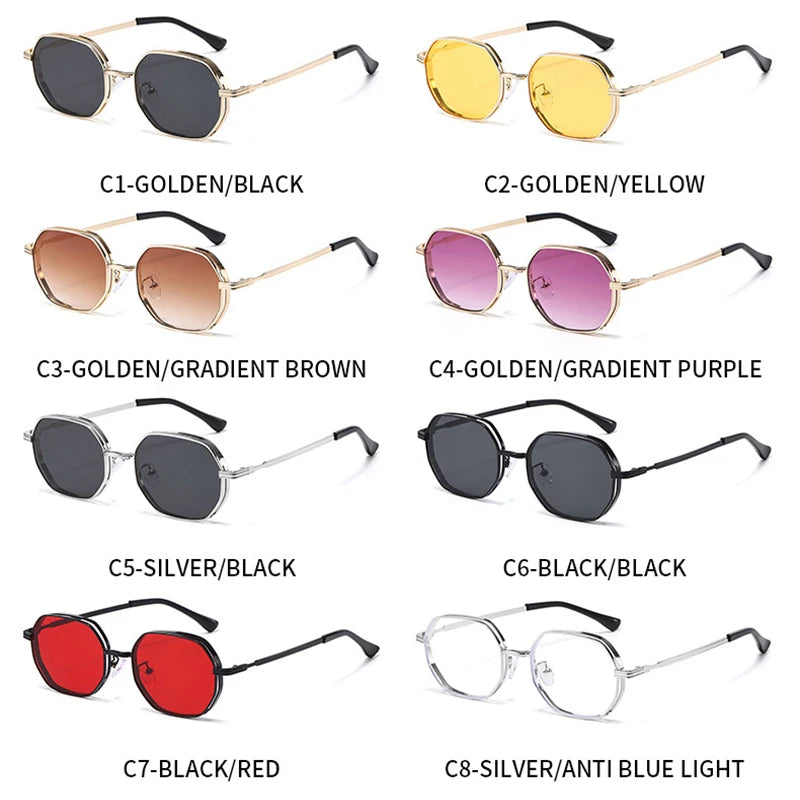 JNPCXI New Polygon Round Metal Sunglasses Women Fashion Clear Ocean Gradient Purple Lens Shades UV400 Men Sun Glasses